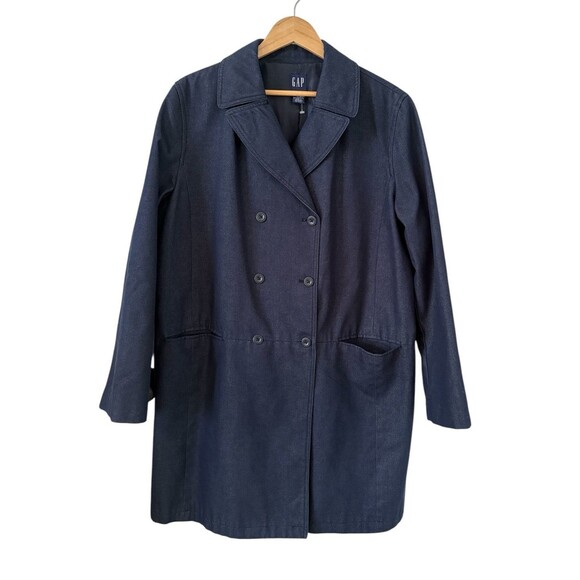 VTG GAP Mid Length Denim Double Breasted Trench Coat Women's Size XL Dark Wash - Picture 2 of 16